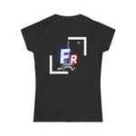 Back of women's black t-shirt.In the middle is periodic table symbol for the element francium.layered behind the symbol is an image of the Eiffel tower.