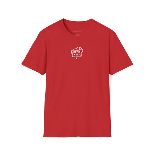 Front of a red t shirt with a white logo.  The logo is of a drive in movie sign, drawn in a cartoon style.