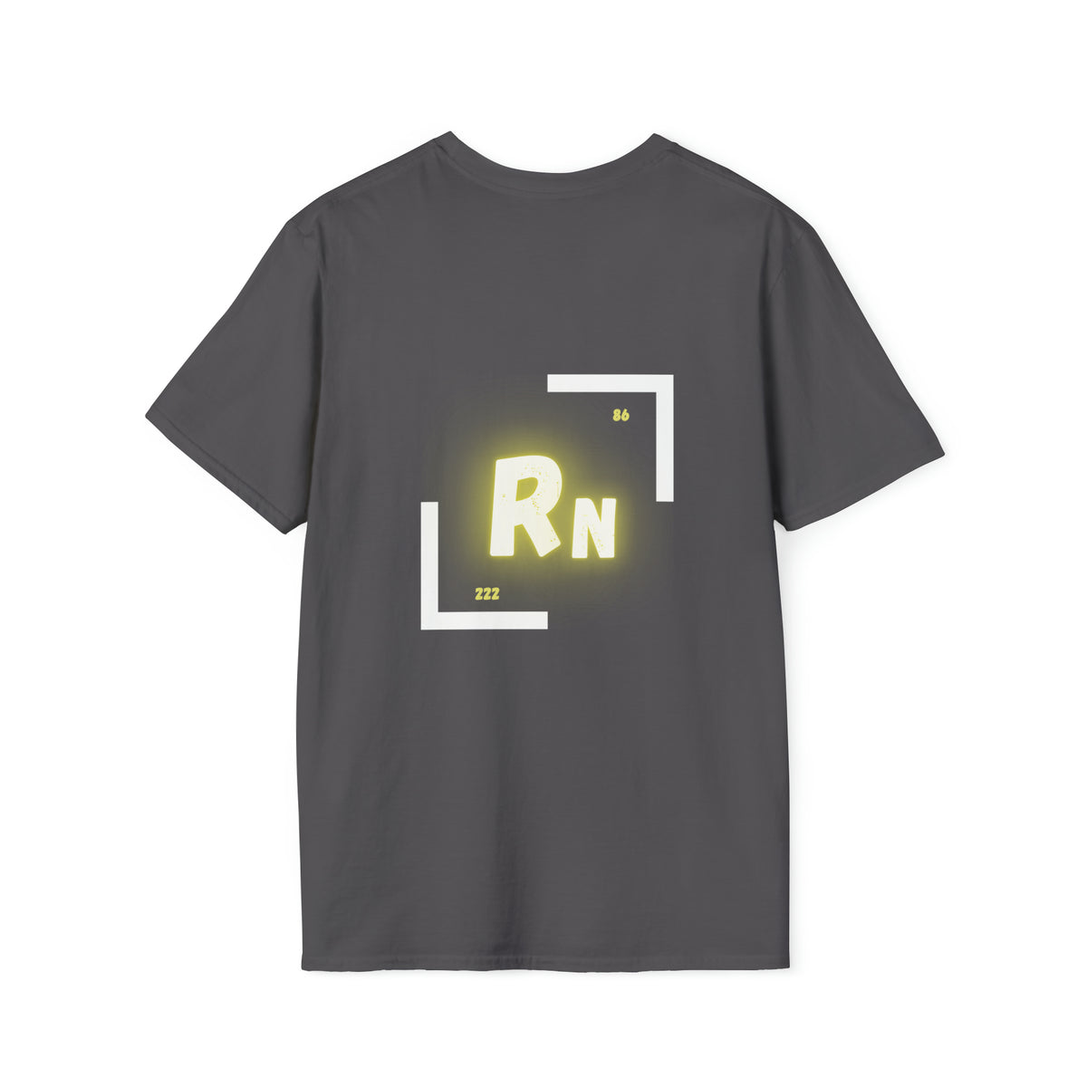 Back of a grey t shirt with the periodic table of element symbol for Radon (Rn)