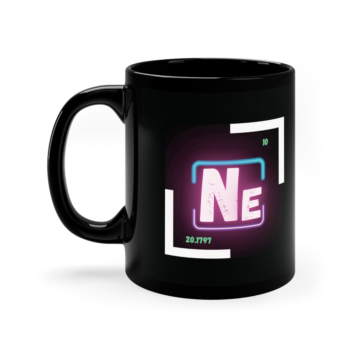 A black coffee mug with a white and pink logo on the side. The logo features the chemical symbol for neon (Ne).On the top of the logo is a blue neon light.On the bottom of the logo is a purple neon light.