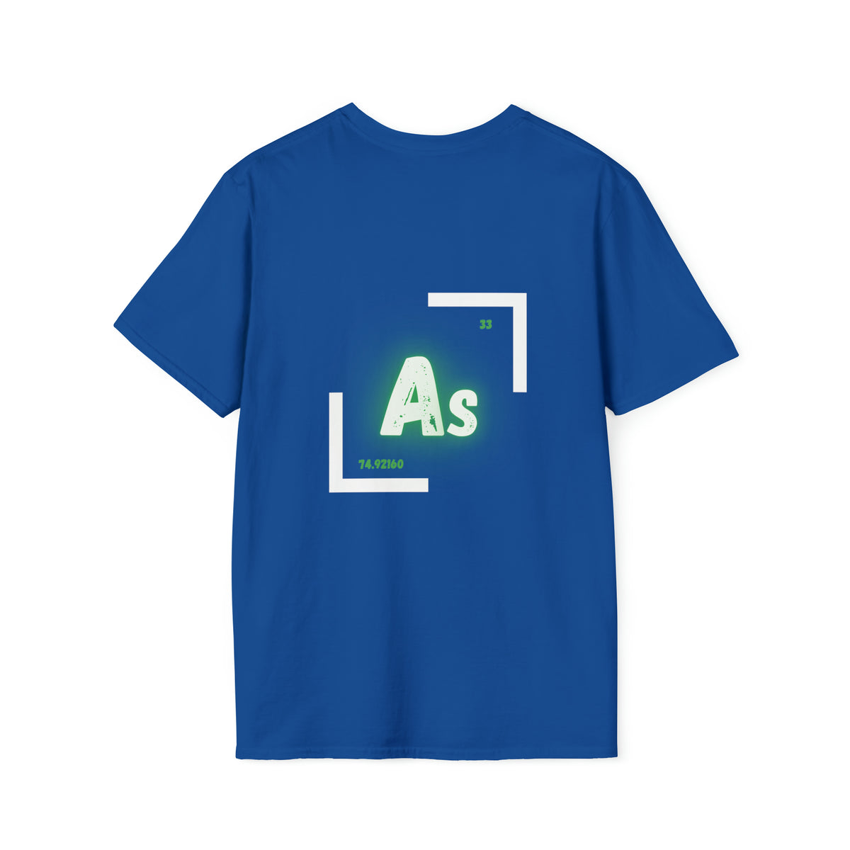 Back of a blue t shirt with the periodic table of element symbol for Arsenic (As)