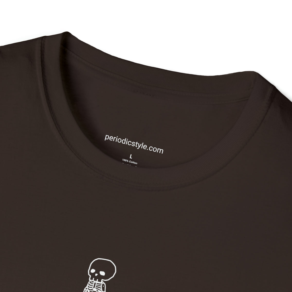 A close up of brown t shirt collar with the website address "periodicstyle.com" printed inside the collar and the words "100% Cotton" printed below