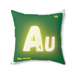 Front green pillow.Gold icon printed is Au portraying the element symbol for gold from the periodic table.