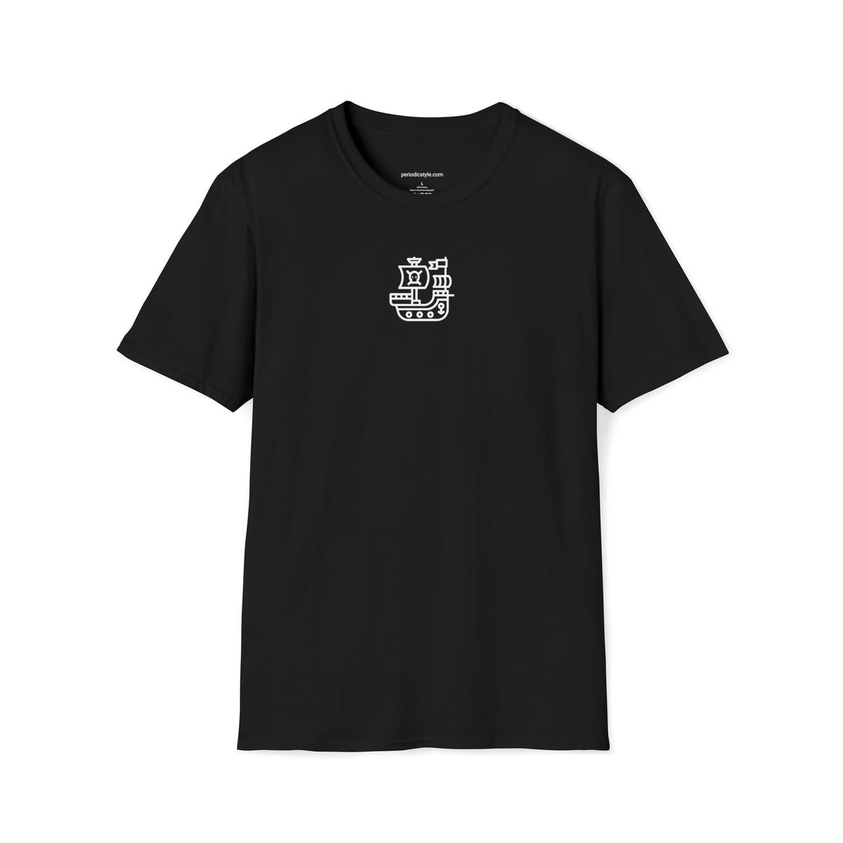 Front of a black t shirt with a white graphic.The graphic is a cartoon version of a pirate ship.