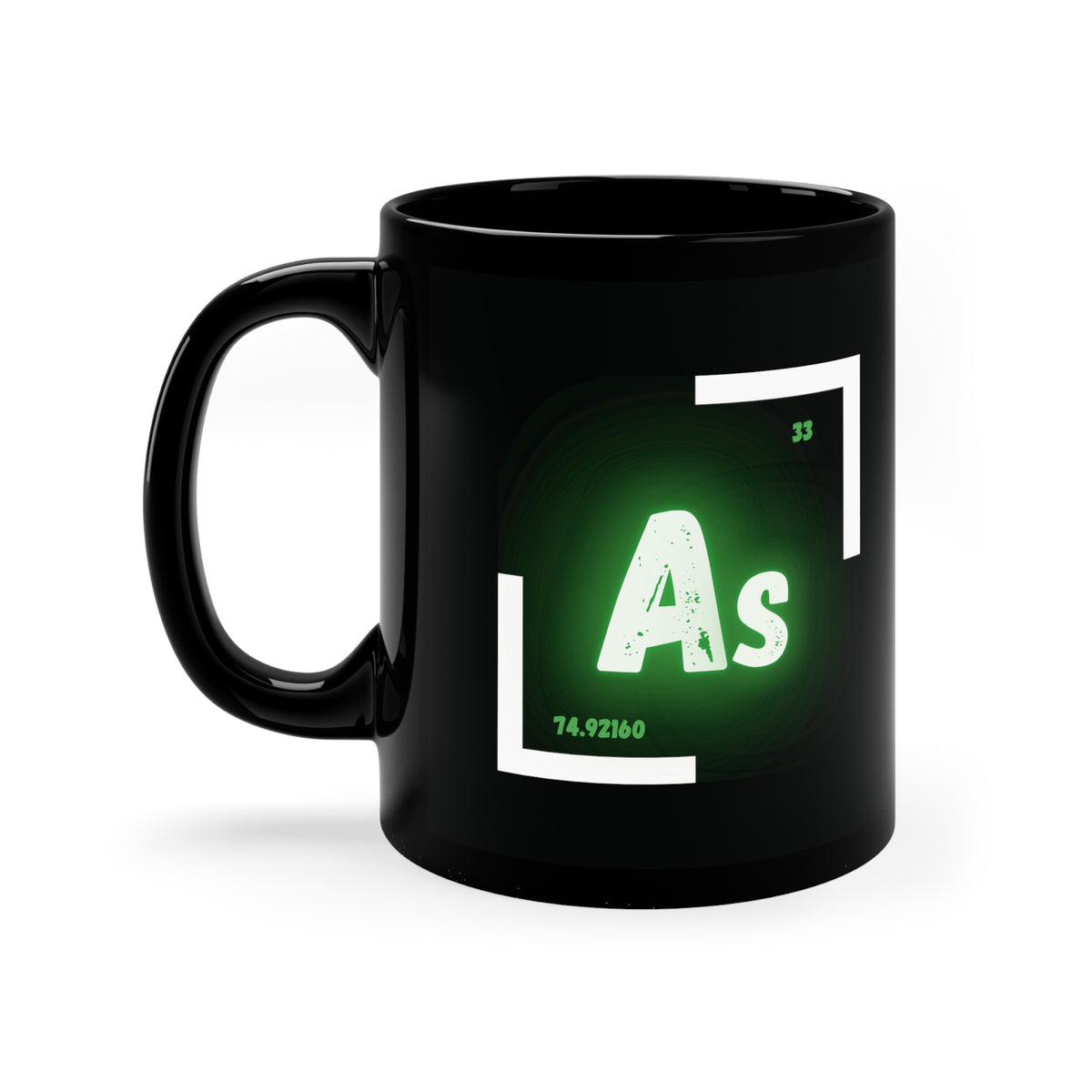 A black coffee mug with a white and green logo on the side. The logo features the chemical symbol for arsenic (As)