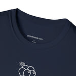 A close up of navy t-shirt collar with the website address "periodicstyle.com" printed inside the collar and the words "100% Cotton" printed below