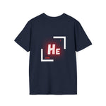 Back of a navy t shirt with the periodic table of element symbol for Helium (He)