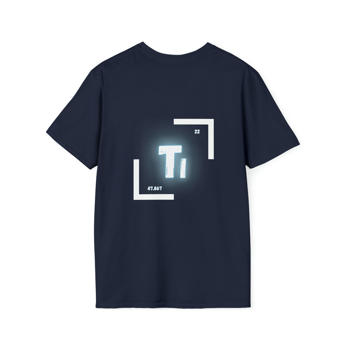 Back of a navy t shirt with the periodic table of element symbol for turbine (Ti)