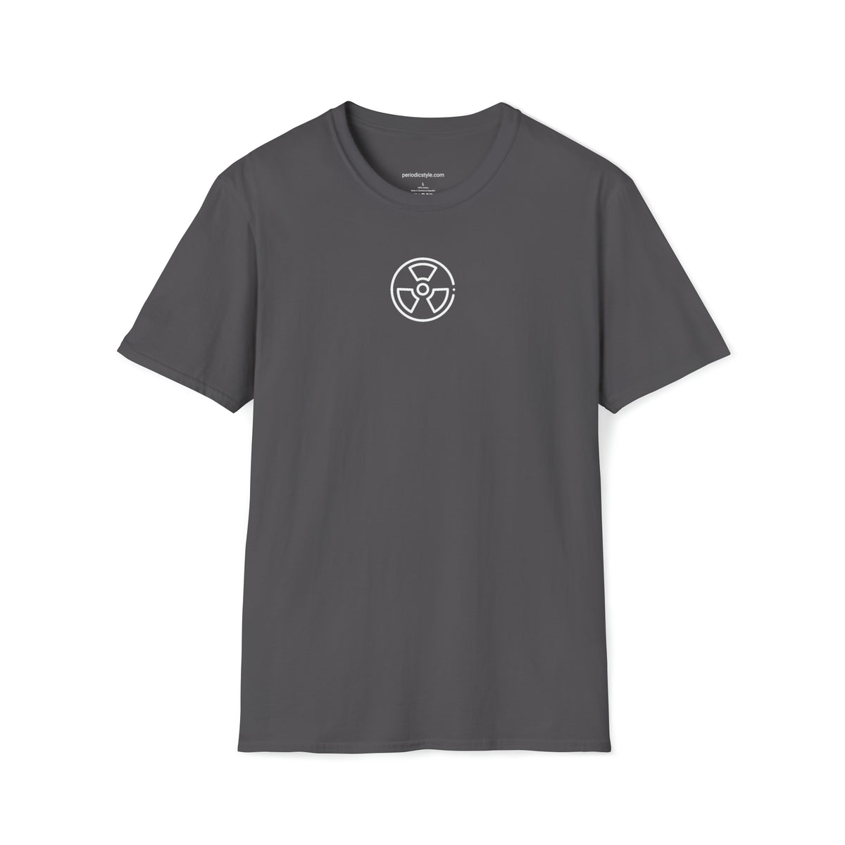 Front of a grey t shirt with a white graphic.The graphic is a caution radiation symbol.