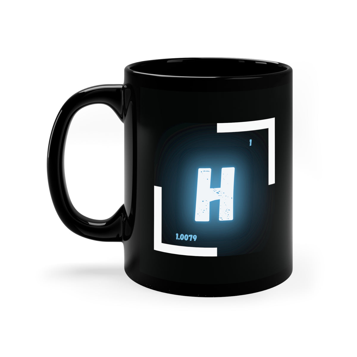 A black coffee mug with a white and blue logo on the side. The logo features the chemical symbol for hydrogen (H)