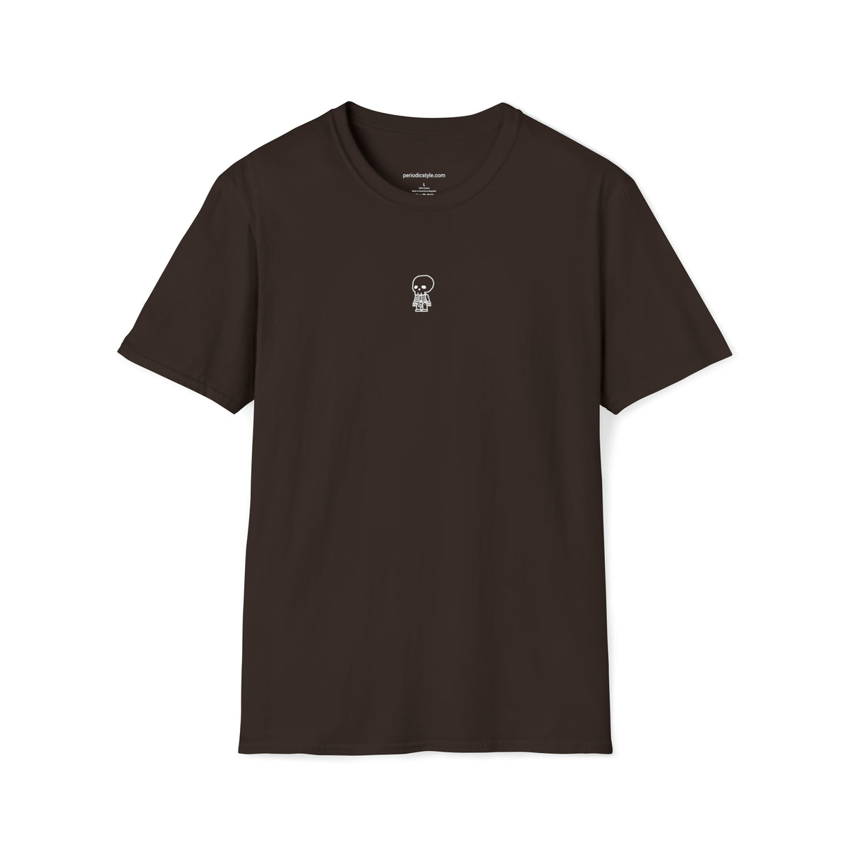 Front of a brown t shirt with a white skull graphic on the front. The skull is cartoonish and smiling, with big eyes and a friendly expression