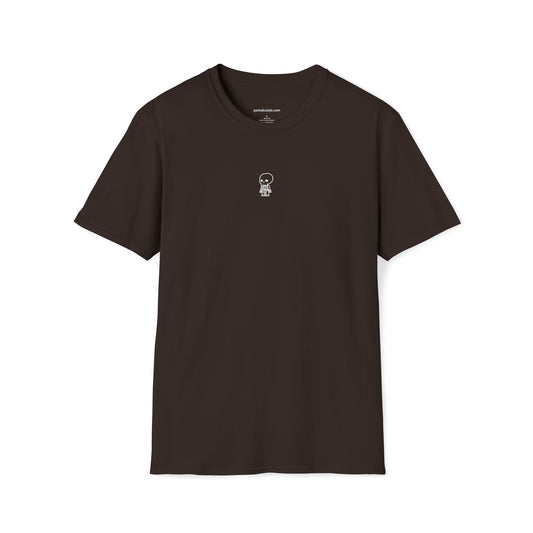 Front of a brown t shirt with a white skull graphic on the front. The skull is cartoonish and smiling, with big eyes and a friendly expression