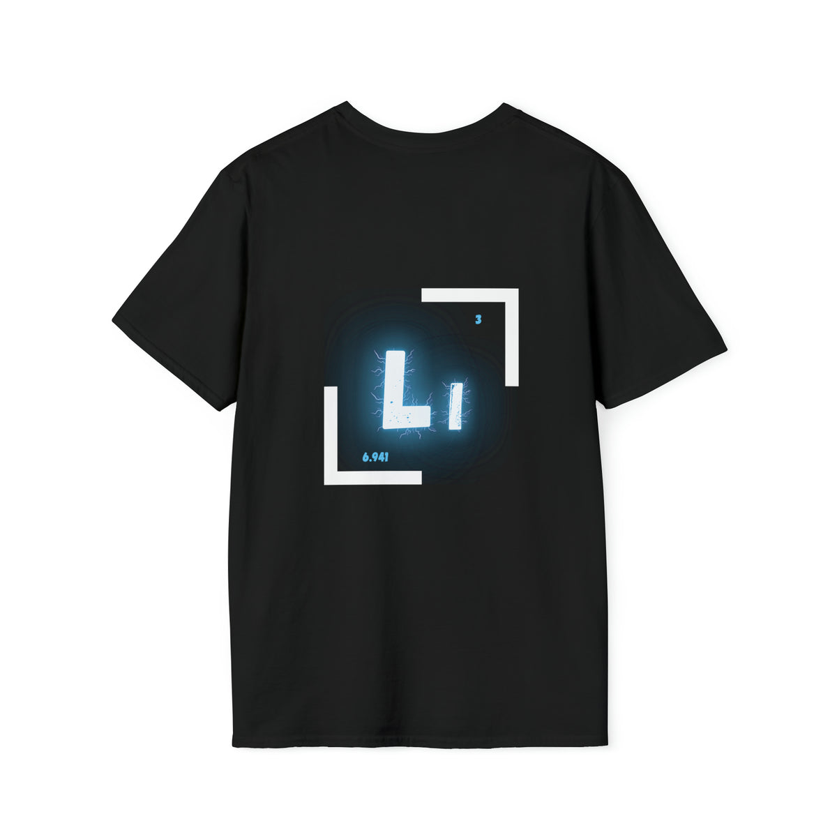 Back of a black t shirt with the periodic table of element symbol for Lithium (Li)