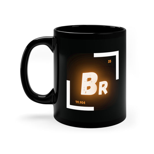 A black coffee mug with a white and orange logo on the side. The logo features the chemical symbol for bromine (Br)
