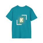 Back of a tropical blue t shirt with the periodic table of element symbol for Potassium (K)