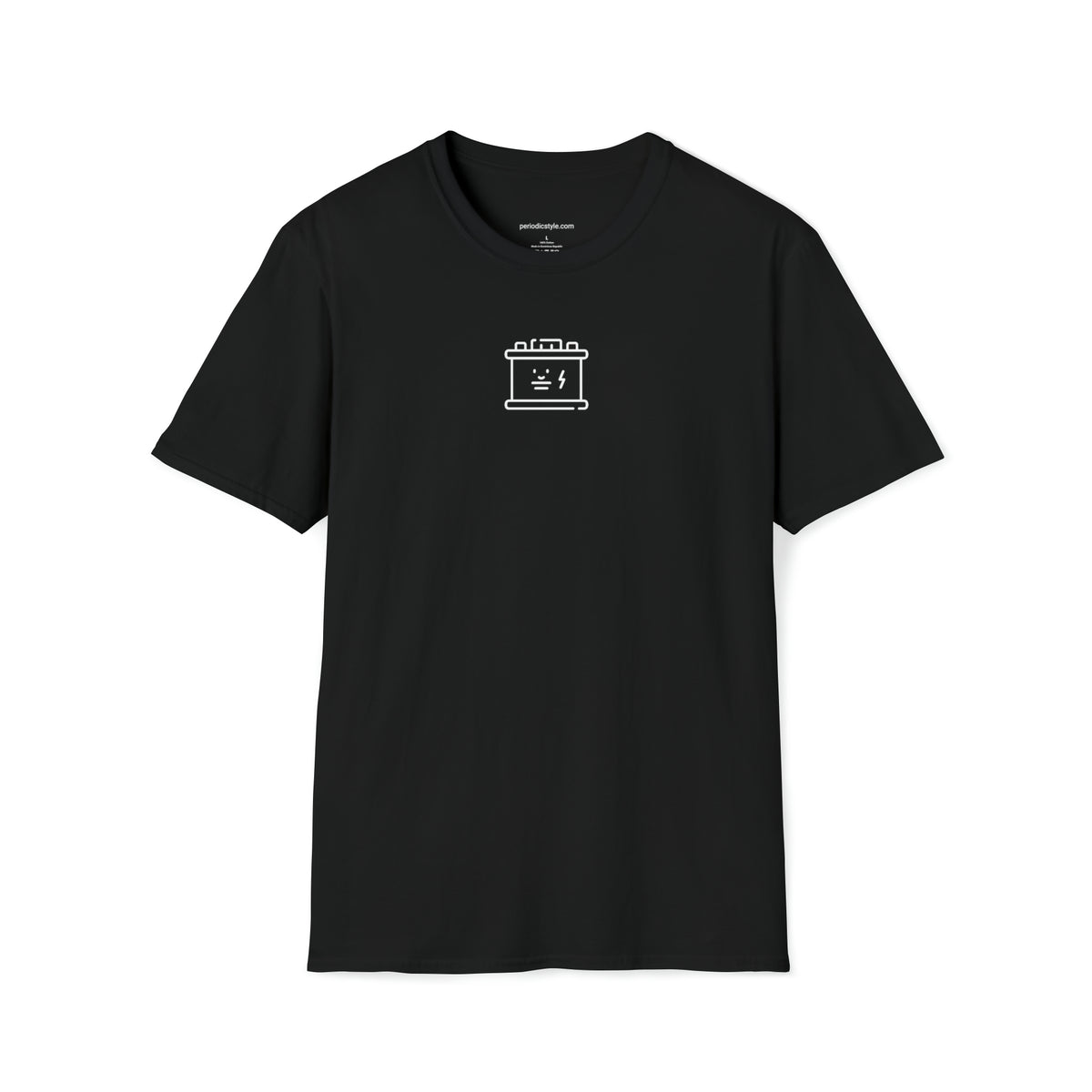 Front of a black t shirt with a white logo.The logo is of a battery drawn in a cartoonish manner.The battery has cute smiling face.