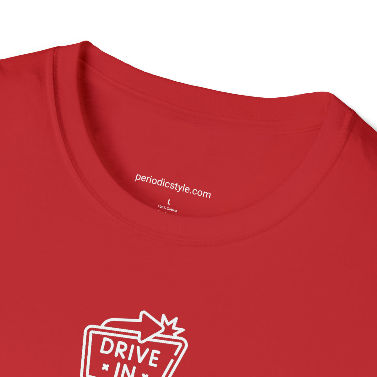 A close up of red t-shirt collar with the website address "periodicstyle.com" printed inside the collar and the words "100% Cotton" printed below