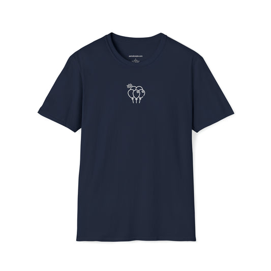 Front of a navy t shirt with a white logo.  The logo is a cartoon image of balloons.  Above one of the balloons is the word Pop!