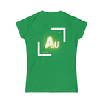 Back of green ladies t-shirt.Printed icon is the periodic table of the elements symbol Au.Includes the atomic number and atomic mass.