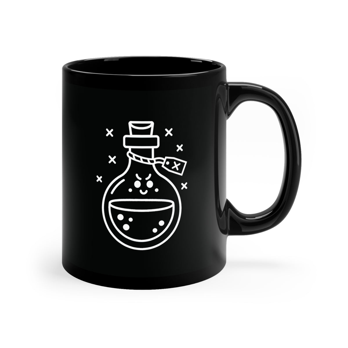 A black coffee mug with a mischievous glass bottle icon.