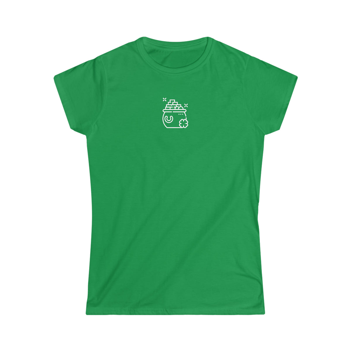 Front of green ladies t-shirt.Icon is a pot of gold.