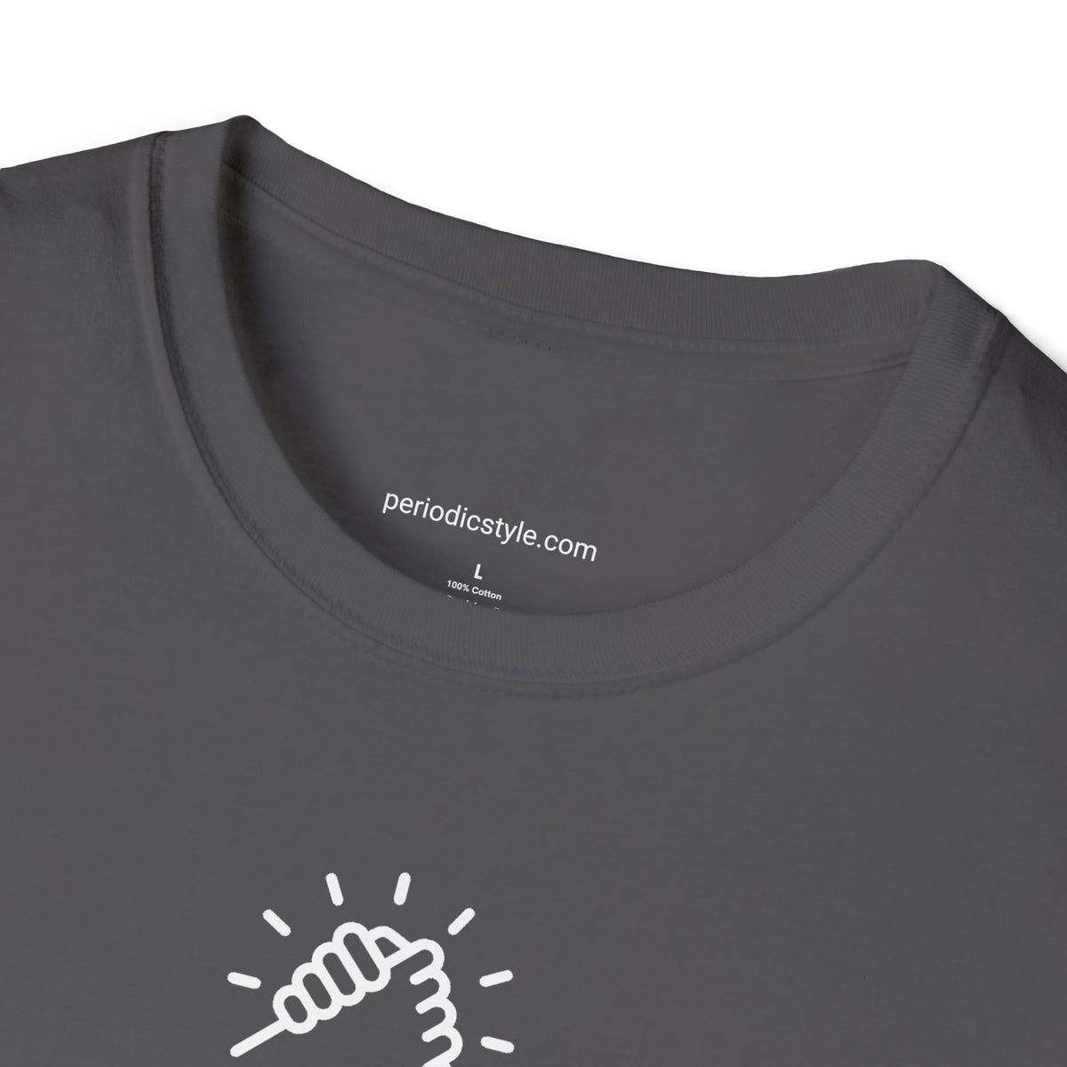 A close up of a grey t-shirt collar with the website address "periodicstyle.com" printed inside the collar and the words "100% Cotton" printed below