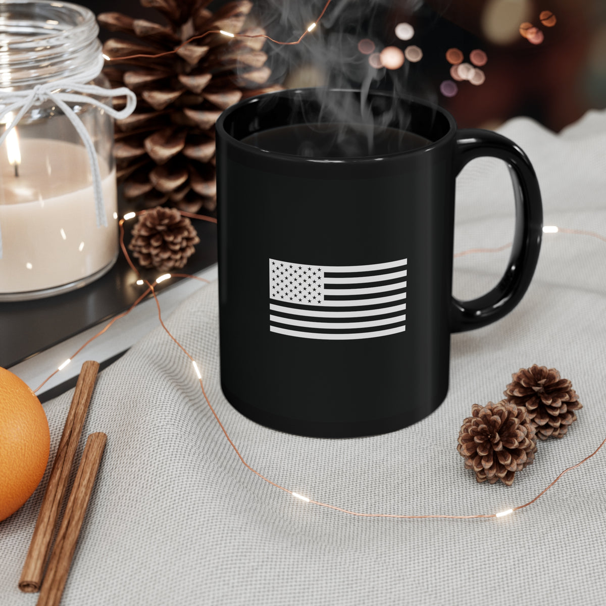 Context image.Black coffee mug with white American flag.