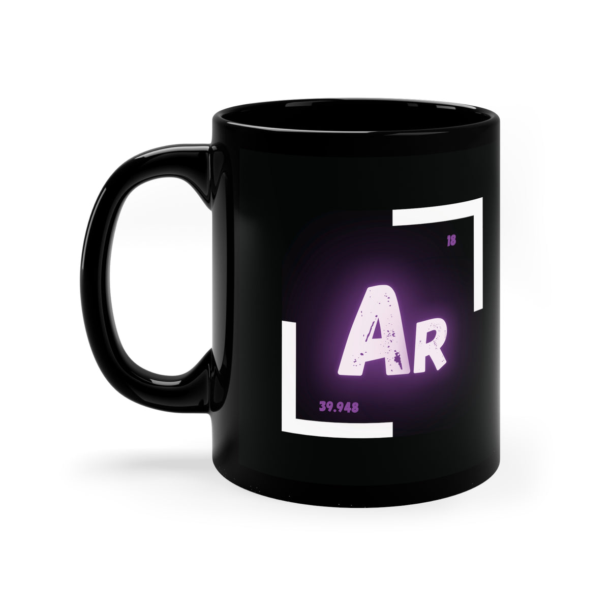 A black coffee mug with a white and purple logo on the side. The logo features the chemical symbol for argon (Ar)