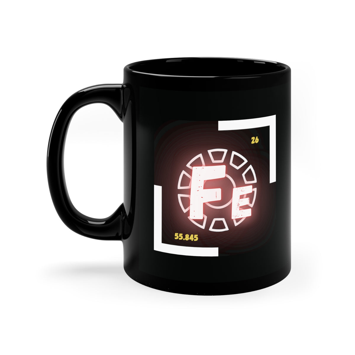 A black coffee mug with a white and red logo on the side. The logo features the chemical symbol for iron (Fe)