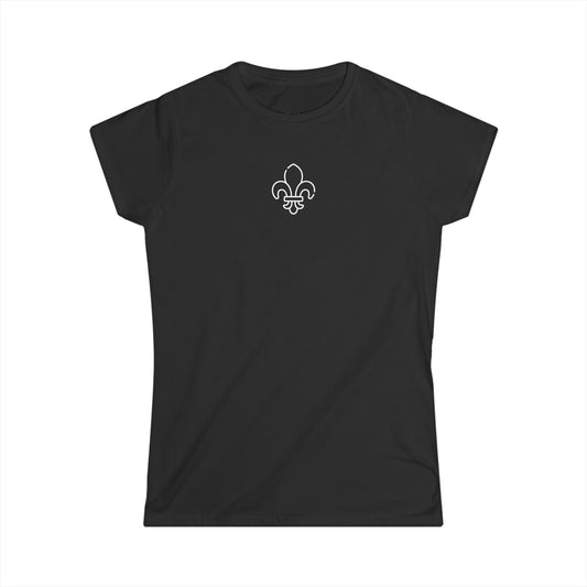 Black women's t-shirt, front.  Fleur-de-lis icon.