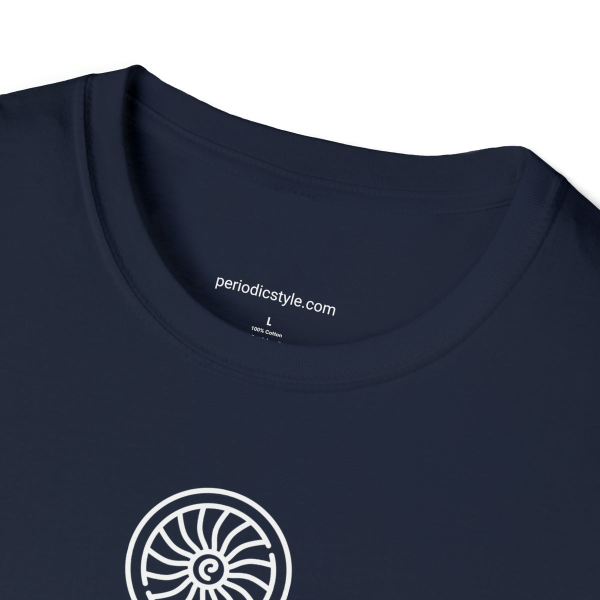 A close up of a navy t-shirt collar with the website address "periodicstyle.com" printed inside the collar and the words "100% Cotton" printed below