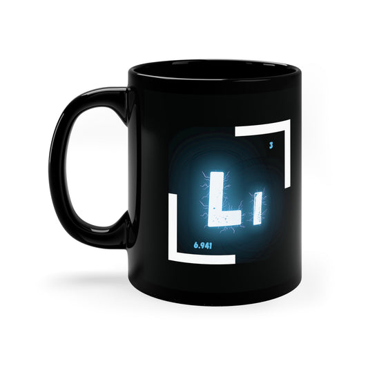 A black coffee mug with a white and blue logo on the side. The logo features the chemical symbol for lithium (Li)