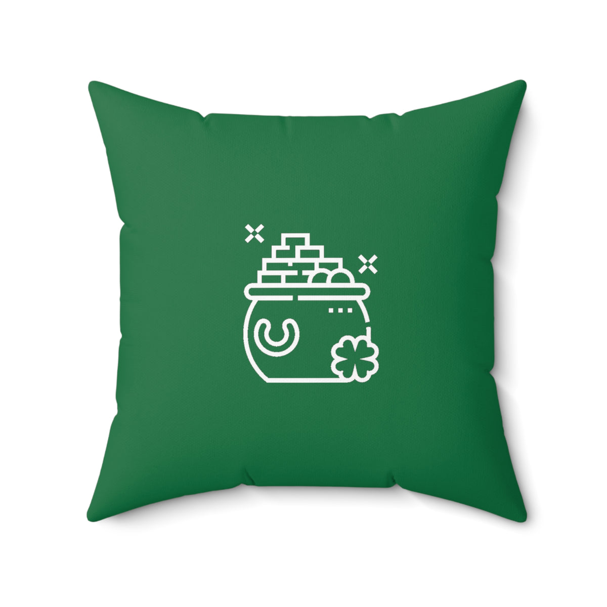 Back green pillow.Printed icon is pot of gold.