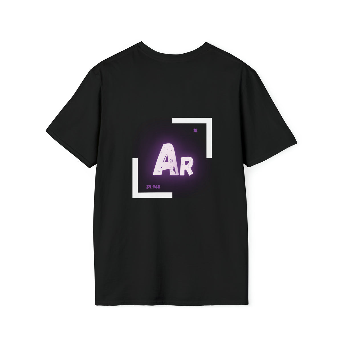 Back of a black t shirt with the periodic table of element symbol for Argon (Ar)