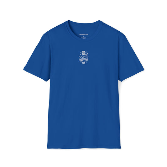 Front of a blue t shirt with a white graphic.  The graphic is of a cartoon version of a little vial of poison.  The vial has a cute mischievous face.