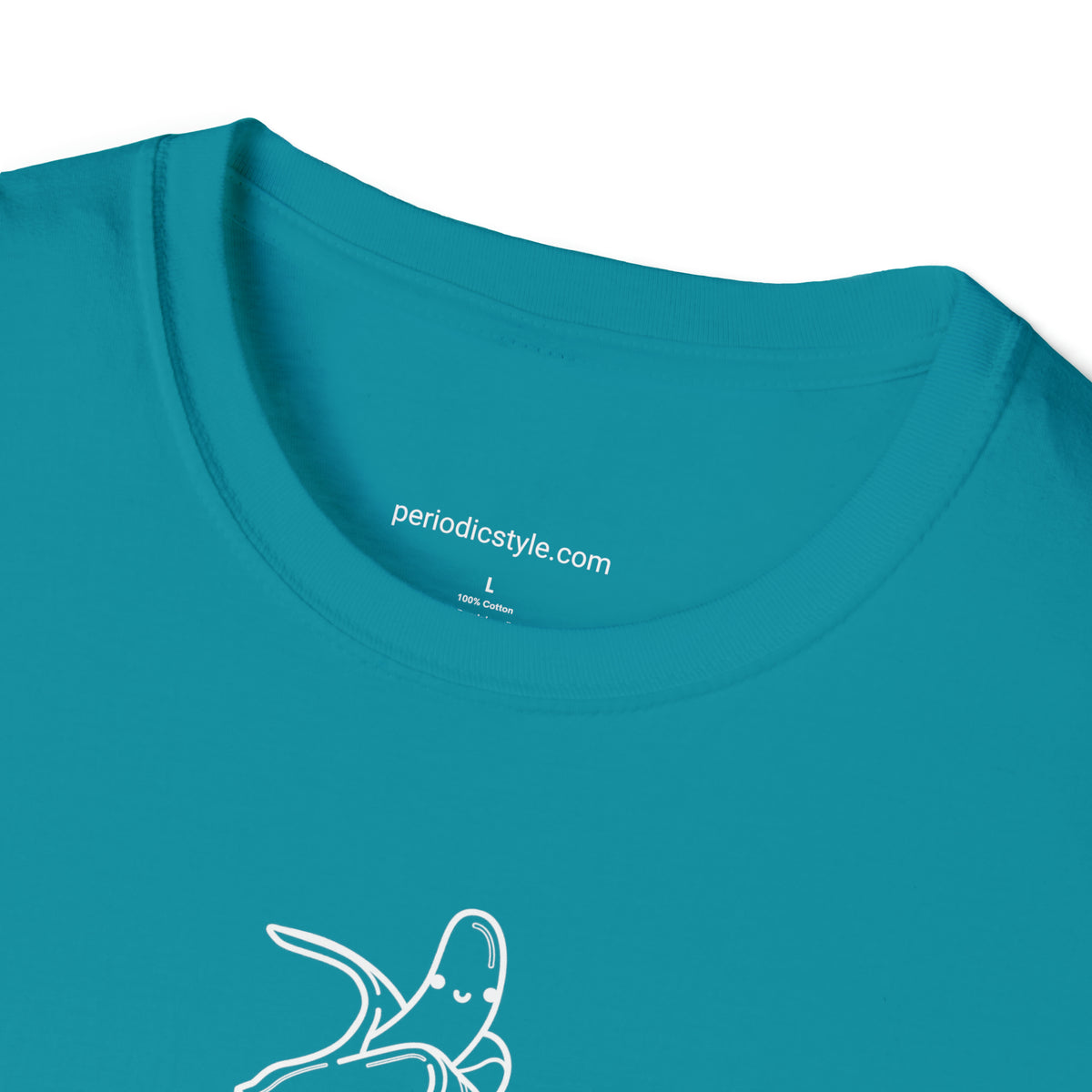 A close up of a tropical blue t-shirt collar with the website address "periodicstyle.com" printed inside the collar and the words "100% Cotton" printed below