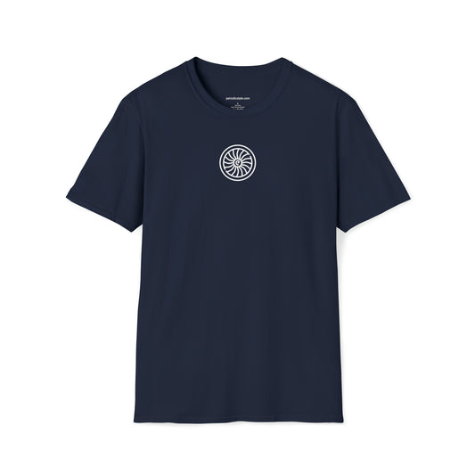 Front of a navy t shirt with a white graphic.  The graphic is of an airplane engine turbine fan.