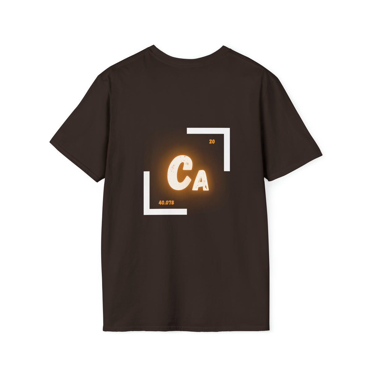 Back of a brown t shirt with the periodic table of element symbol for Calcium (Ca)